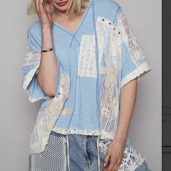 POL Light Blue and Cream Short Sleeve Top - Picture 1 of 5